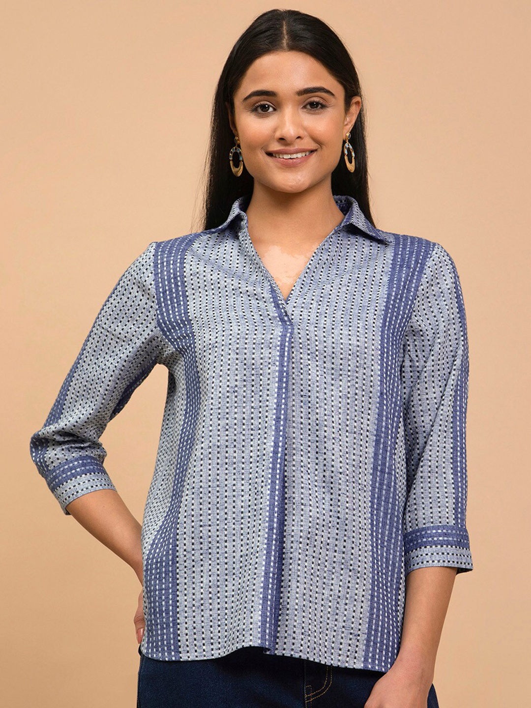 

Pink Fort Striped Shirt Style Top, Grey