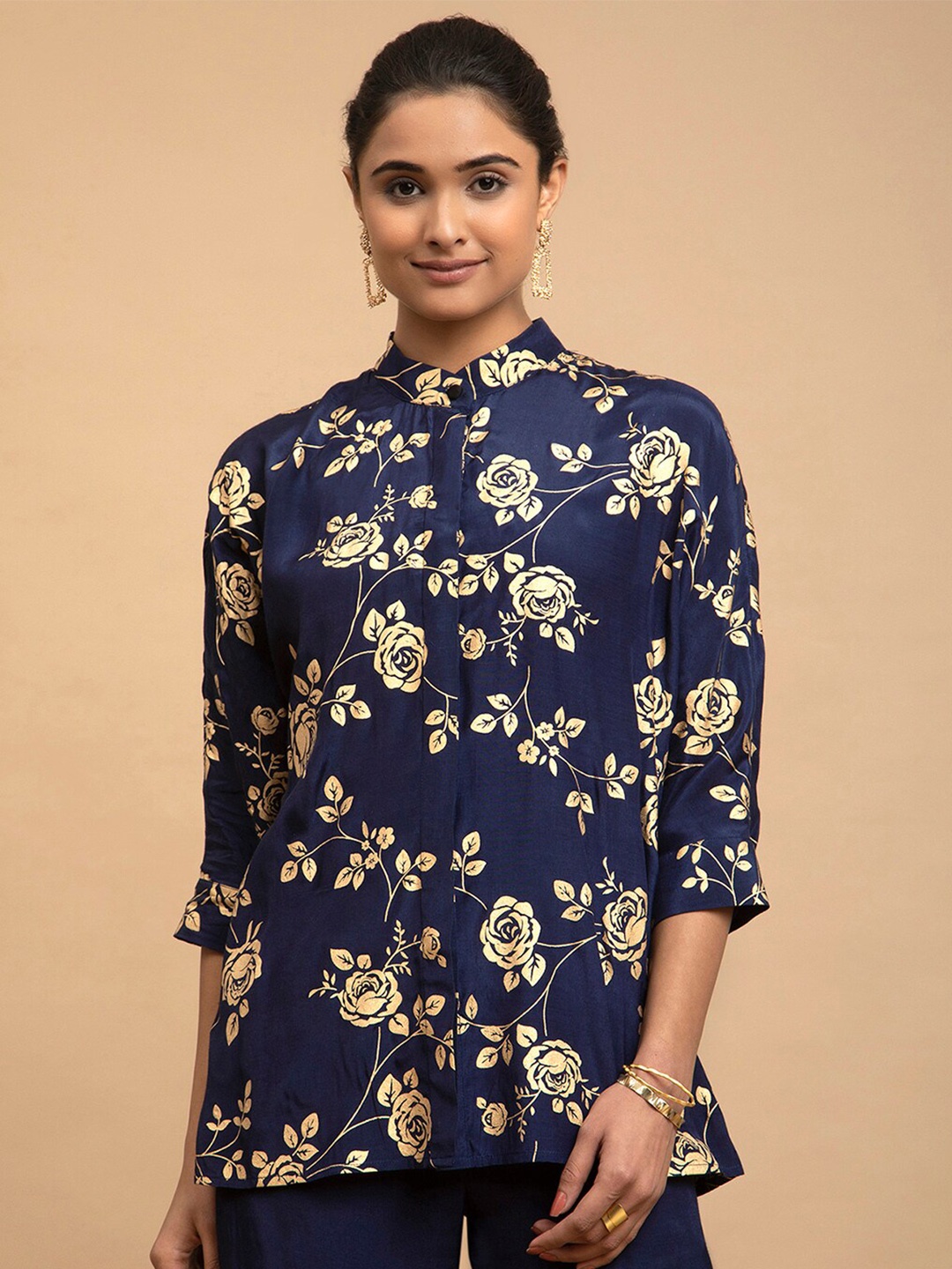 

Pink Fort Floral Print Mandarin Collar Shirt Style Top, Navy blue