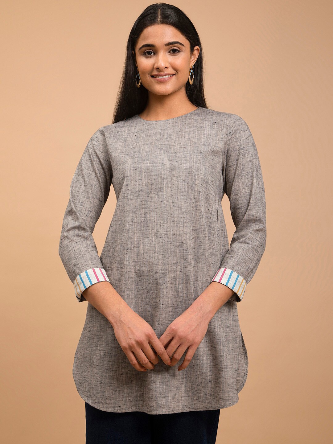 

Pink Fort Round Neck Longline Top, Beige