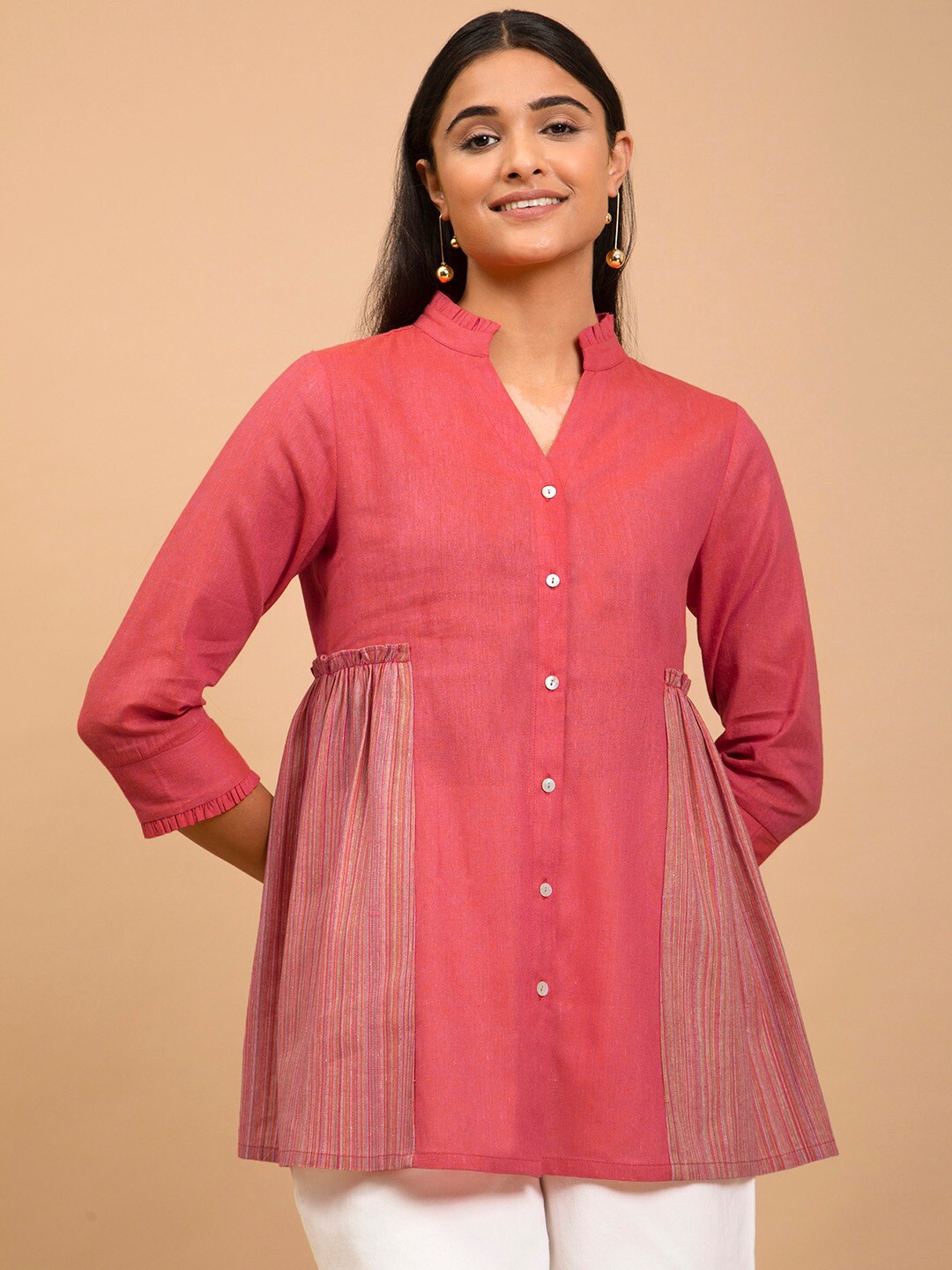 

Pink Fort Mandarin Collar Gathered Shirt Style Longline Top, Rust