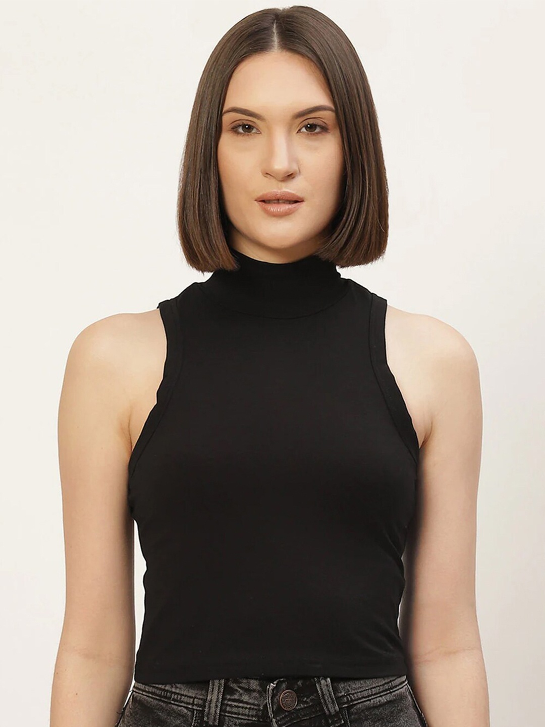 

CLAFOUTIS High Neck Sleeveless Crepe Top, Black