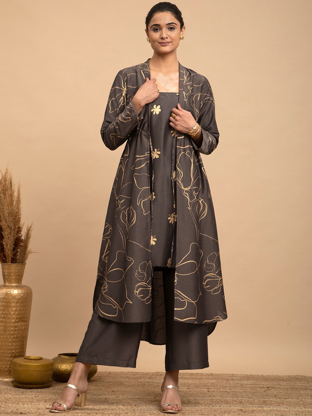 

Pink Fort Sleeveless Floral Foil Printed A-Line Kurta with Palazzos & Jacket, Brown