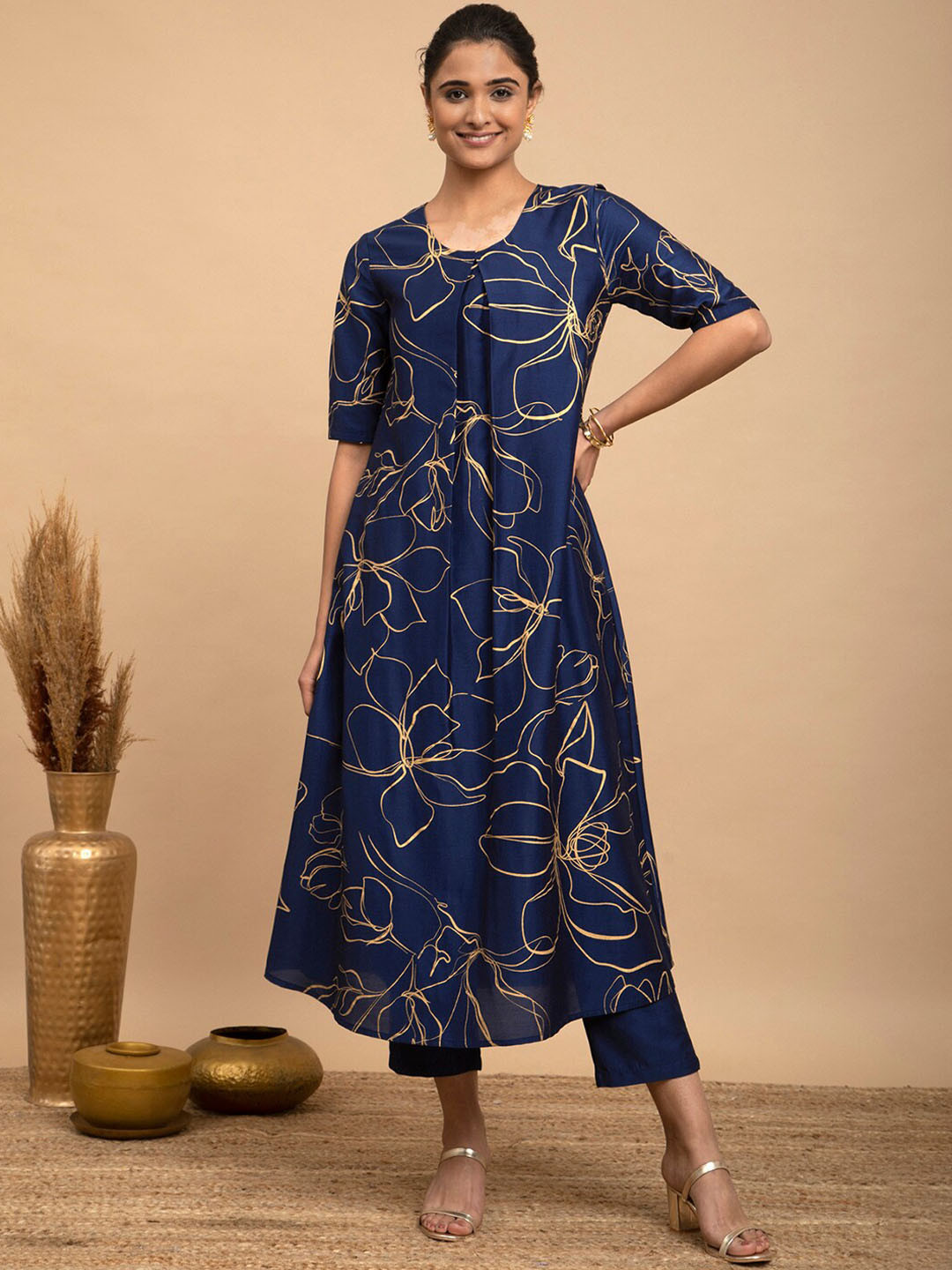 

Pink Fort Floral Printed Round Neck Silk A-Line Kurta, Navy blue