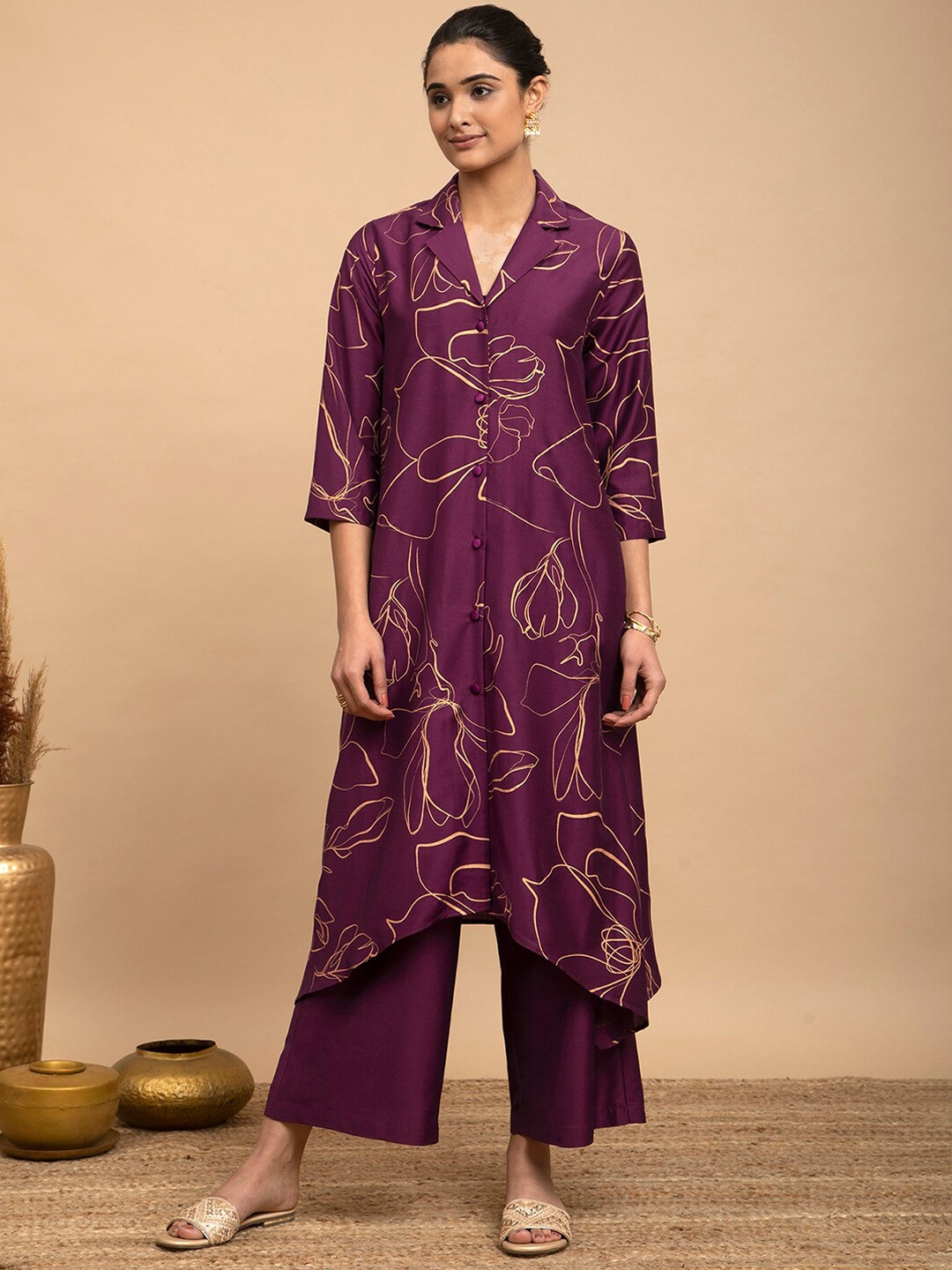 

Pink Fort Floral Printed Shirt Collar Silk A-Line Kurta, Burgundy