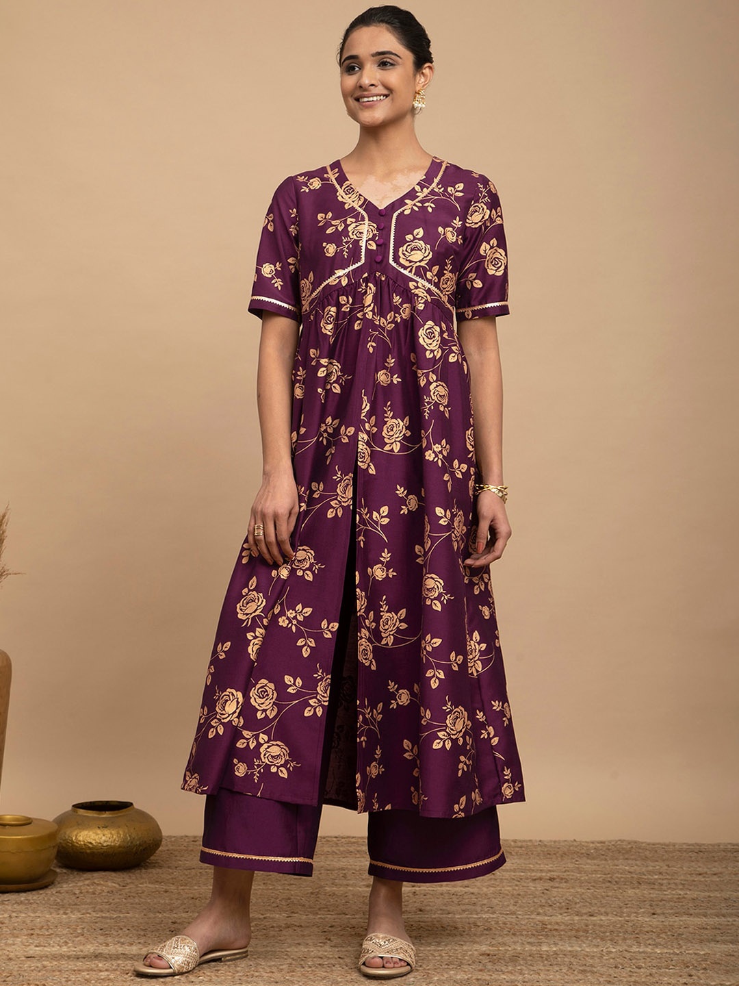 

Pink Fort Floral Printed Gotta Patti Empire Kurta with Palazzos, Burgundy