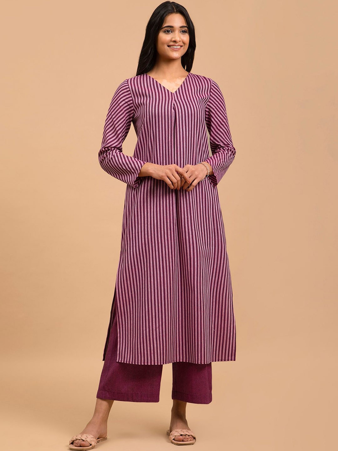 

Pink Fort V-Neck Pleated Striped A-line Kurta with Trousers