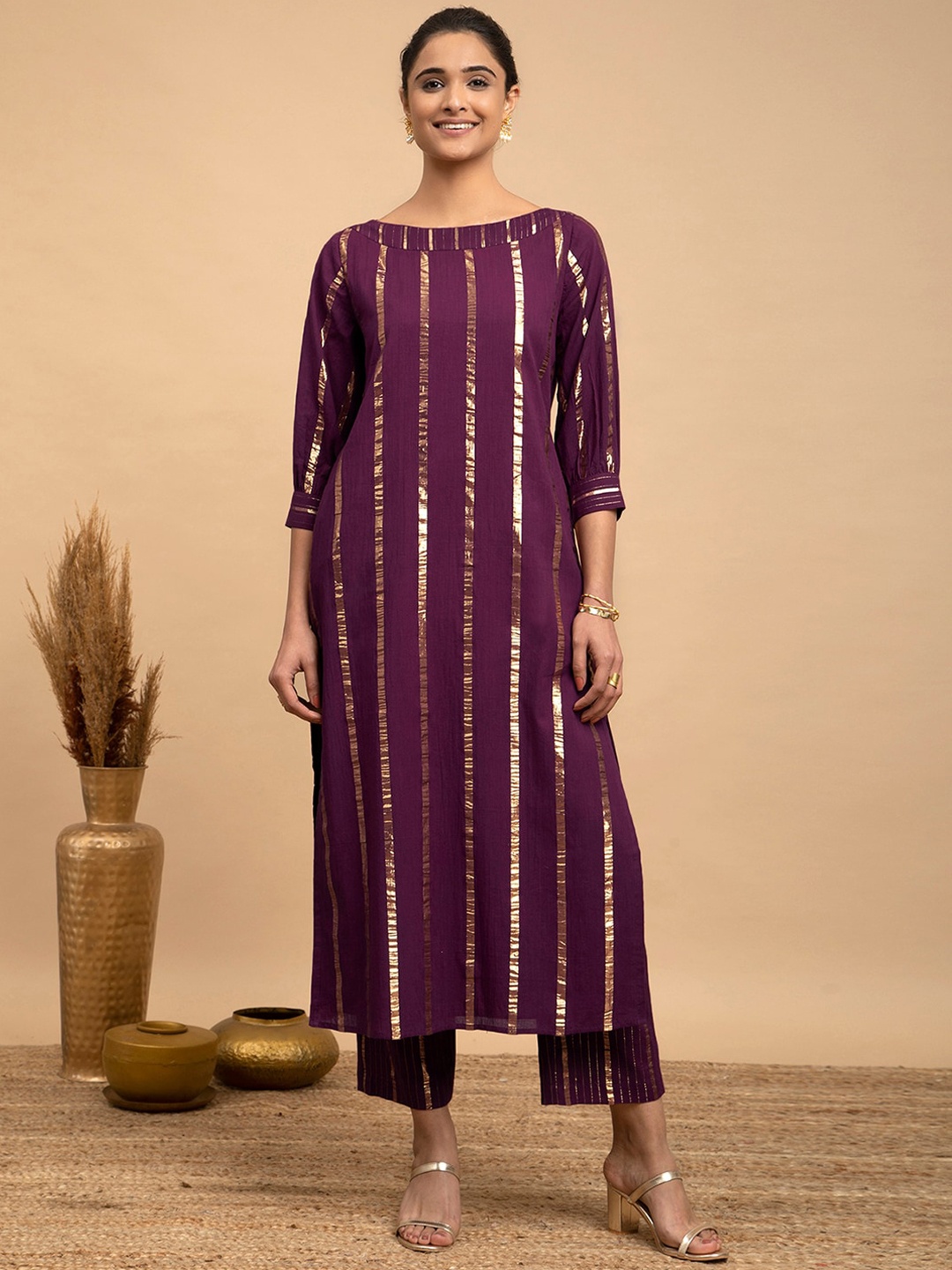 

Pink Fort Striped Boat Neck Gotta Patti Straight Kurta with Palazzos, Burgundy