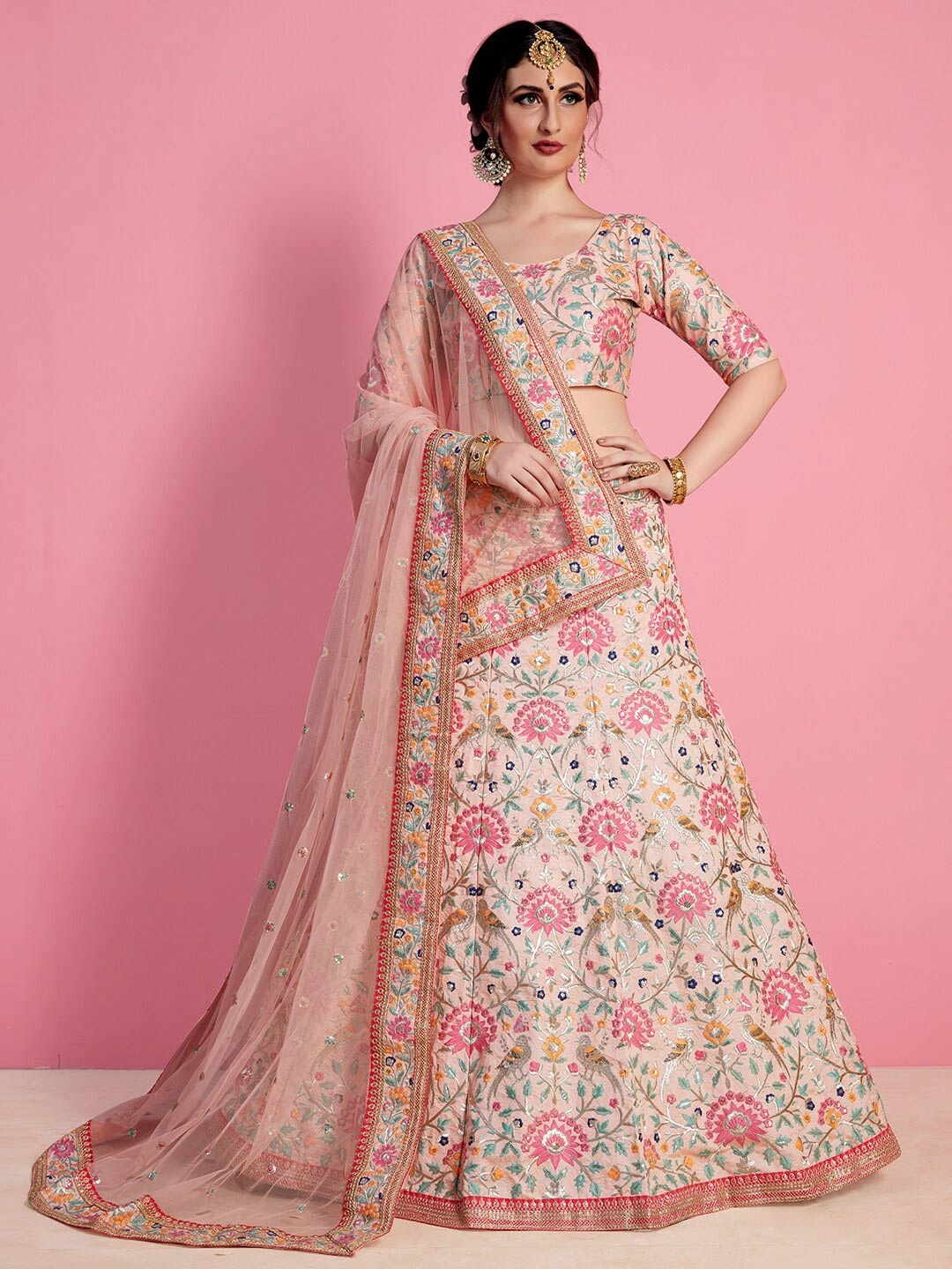 

FABPIXEL Floral Embroidered Semi-Stitched Lehenga & Unstitched Blouse With Dupatta, Peach