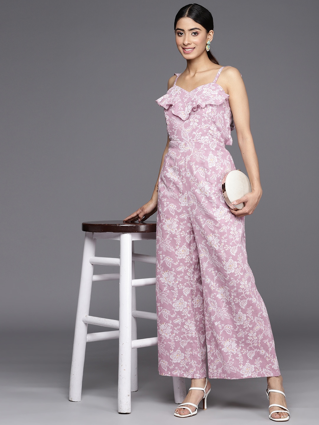 

Ahalyaa Lavender & White Printed Basic Jumpsuit with Ruffles