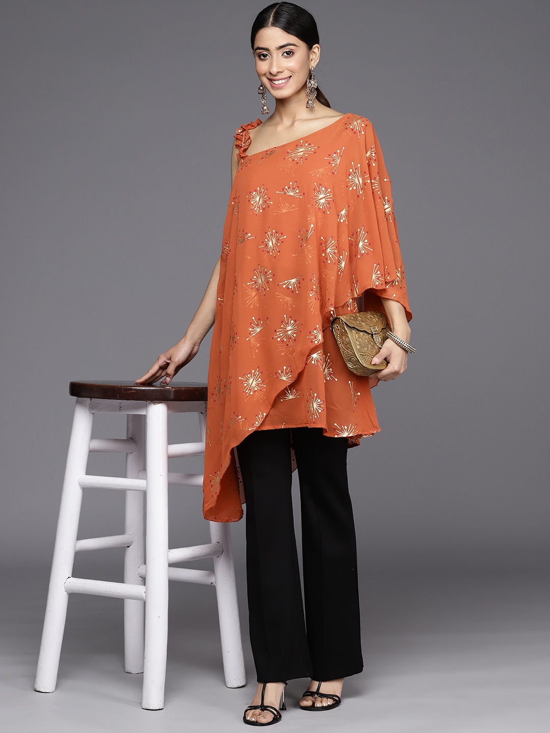 

Ahalyaa Orange One Shoulder Printed Tunic