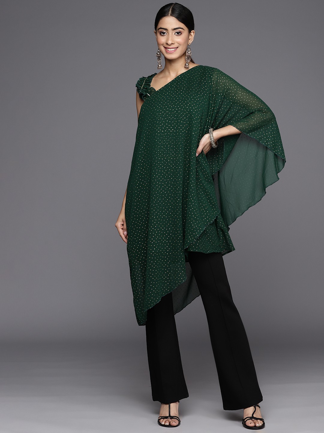 

Ahalyaa Green One Shoulder Printed Tunic
