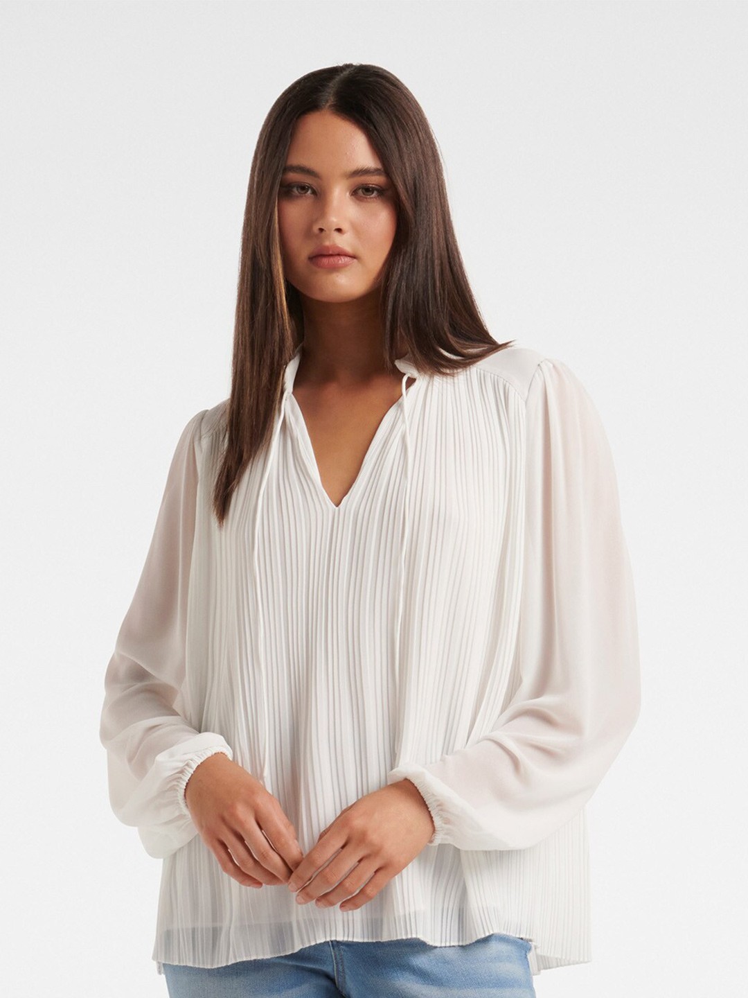 

Forever New Tie-Up Neck Accordion Pleat Regular Top, White