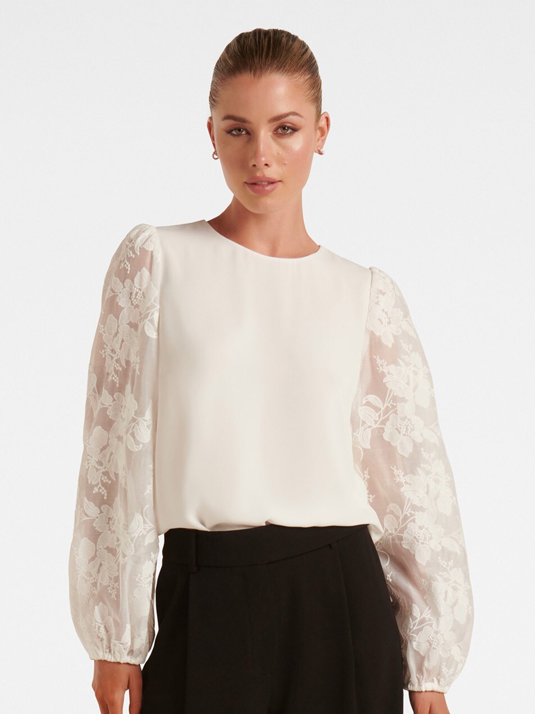 

Forever New Boat Neck Puff Sleeves Regular Top, White