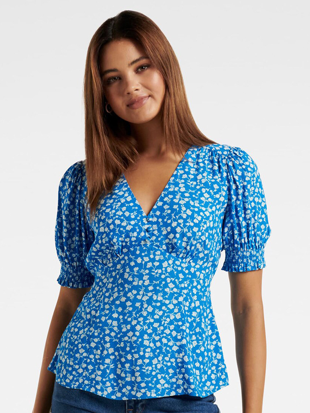 

Forever New Floral Print V-Neck Puff Sleeves Wrap Top, Blue