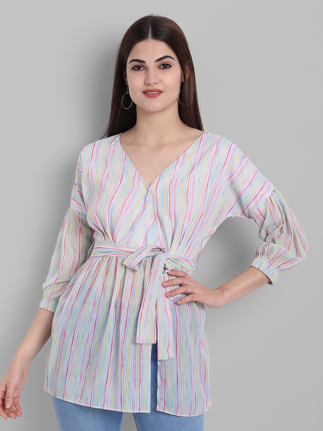 

ARPORA Striped Georgette Wrap Top, White