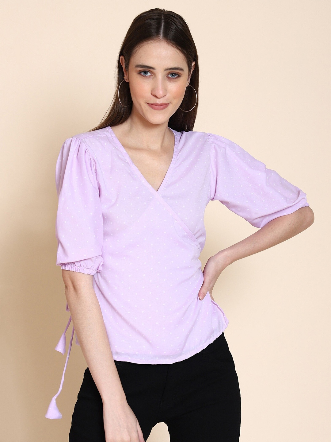 

ARPORA V-Neck Polka Dots Printed Crepe Regual Wrap Top, Purple