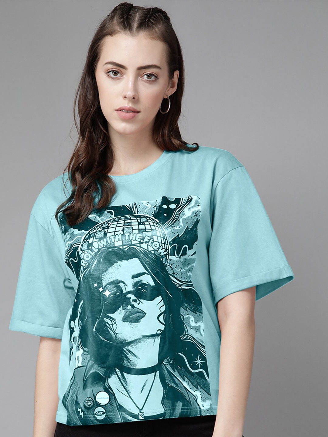 

The Dry State Women Printed Oversized Cotton T-shirt, Turquoise blue