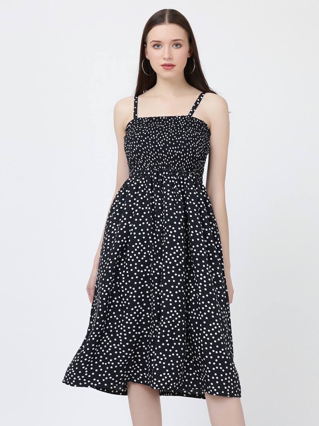 

GRACIT Polka Dots Printed Smocked Detail Crepe Empire Dress, Black
