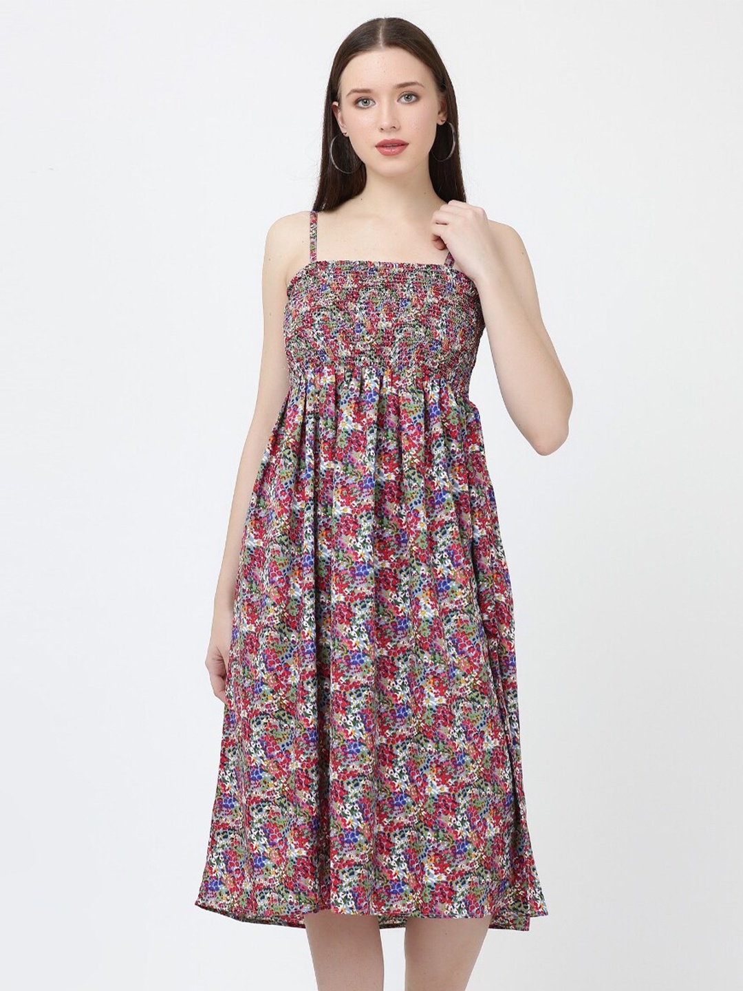 

GRACIT Floral Print Shoulder Straps Dress, Red