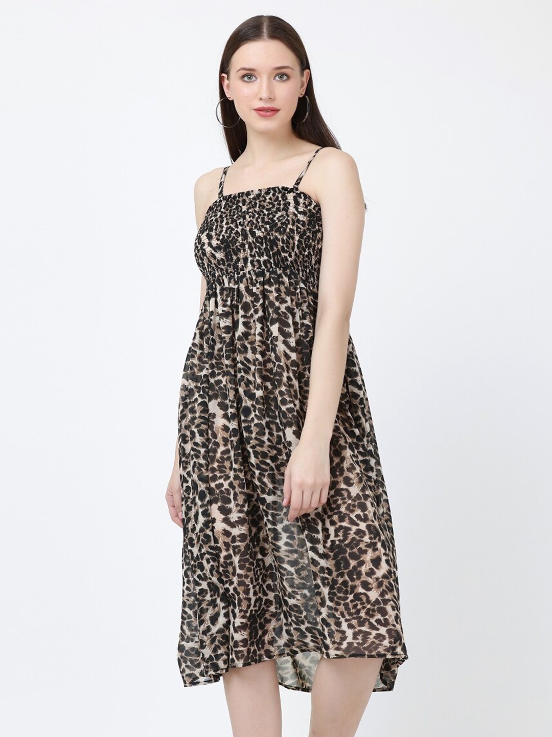 

GRACIT Brown Animal Print Georgette Empire Longline Top