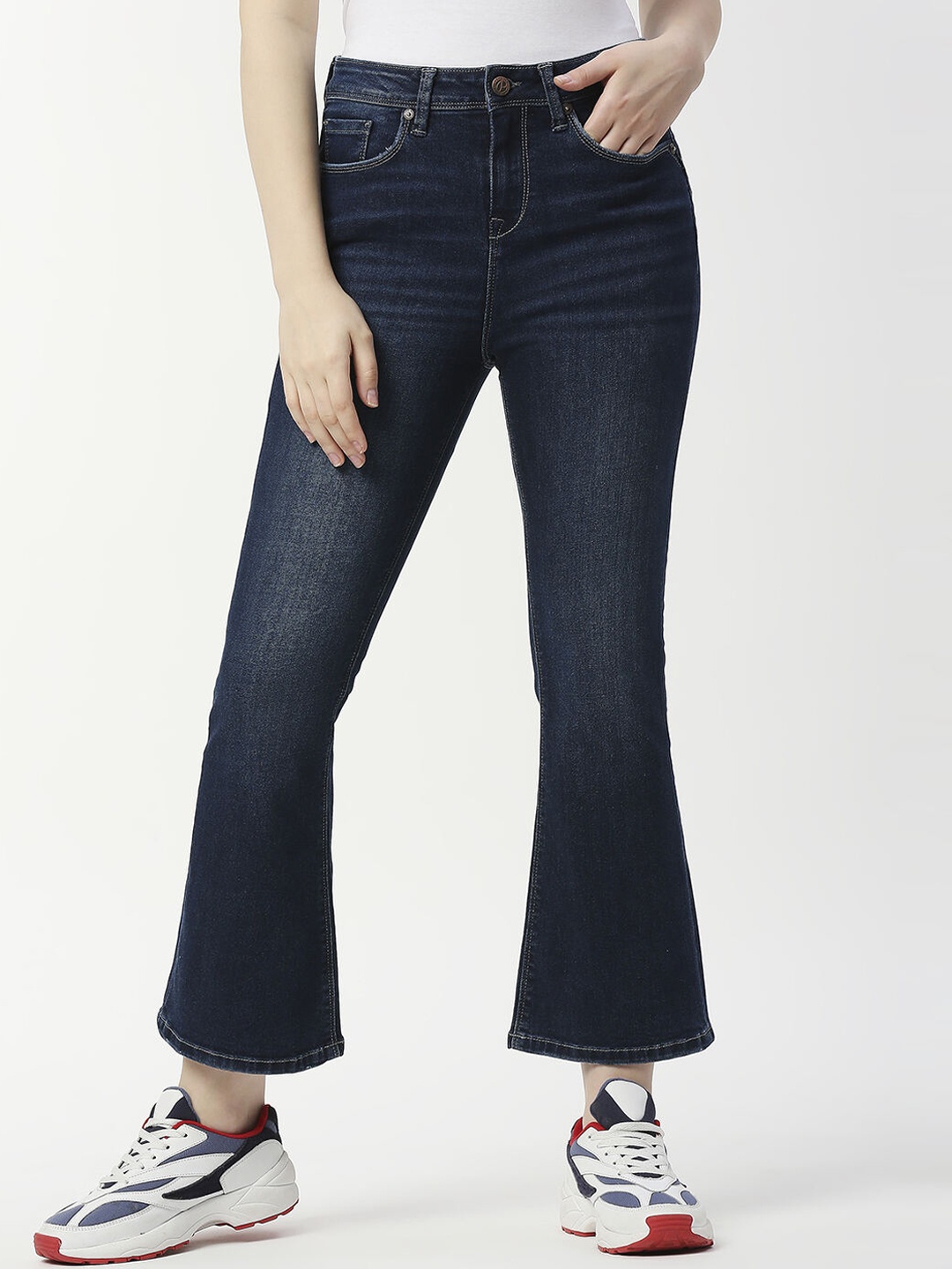 

Pepe Jeans Women Flared High-Rise Light Fade Cropped Cotton Jeans, Navy blue