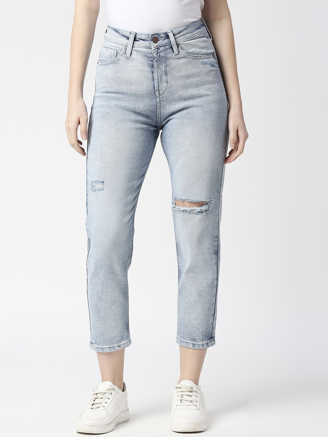 

Pepe Jeans Women Relaxed Fit High-Rise Slash Knee Heavy Fade Cropped Cotton Jeans, Blue