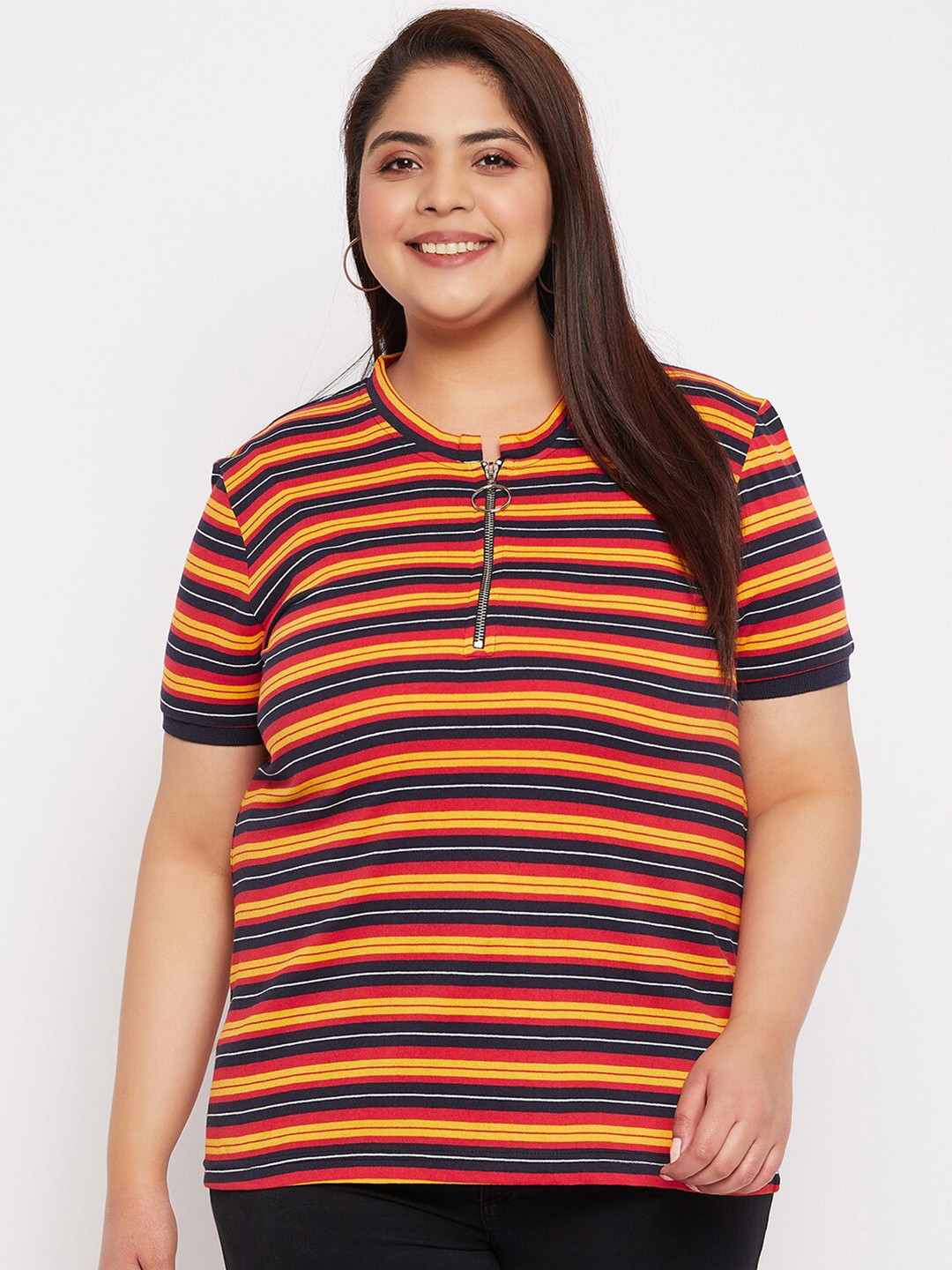 

AUSTIVO Plus Size Horizontal Striped Cotton T-Shirt, Yellow