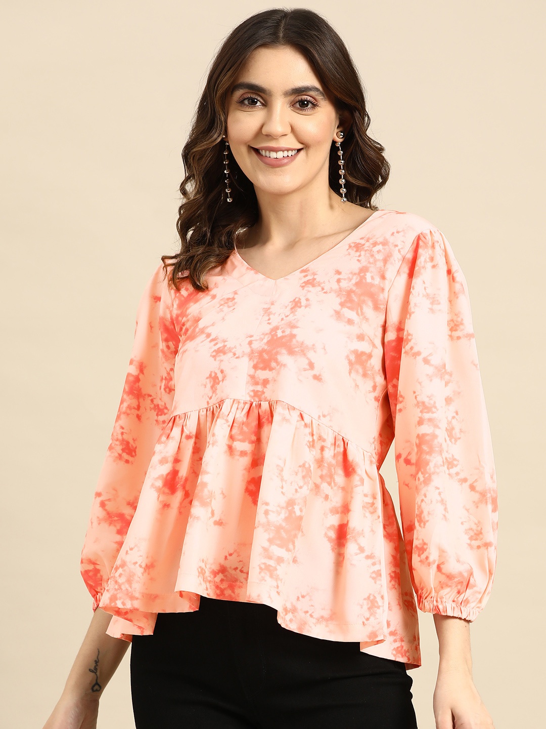 

Sangria Tie and Dye Crepe Styled Back Top, Orange