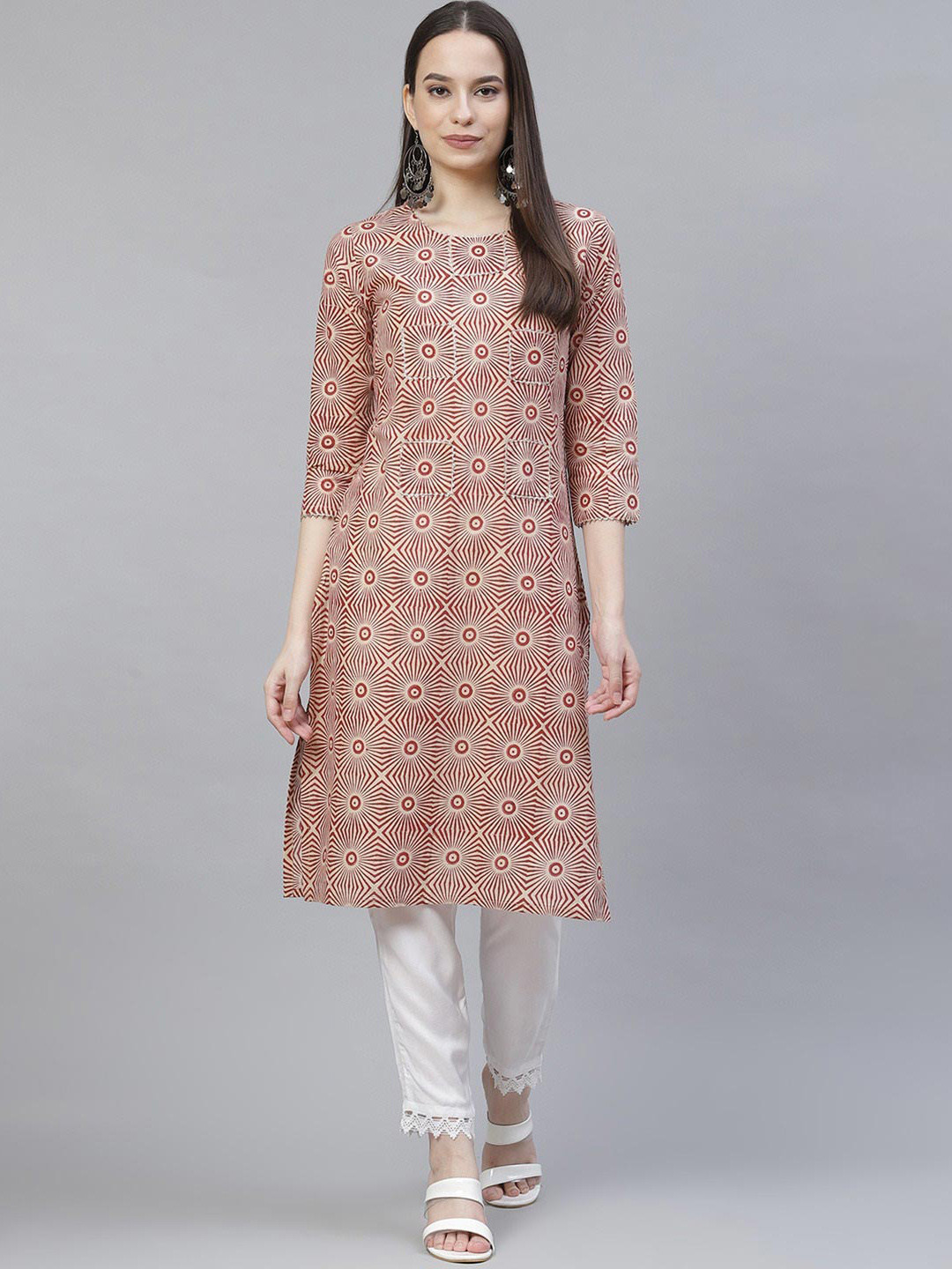 

Meeranshi Geometric Printed Block Print Cotton Kurta, Beige