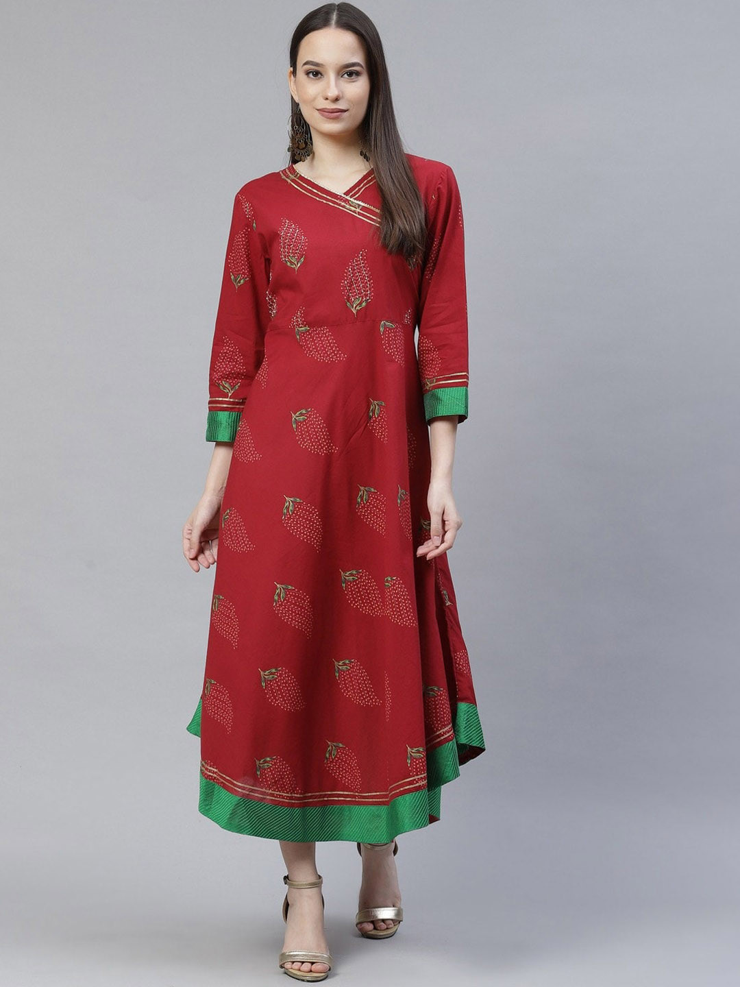 

Meeranshi Floral Printed Thread Work Block Print A-Line Kurta, Red