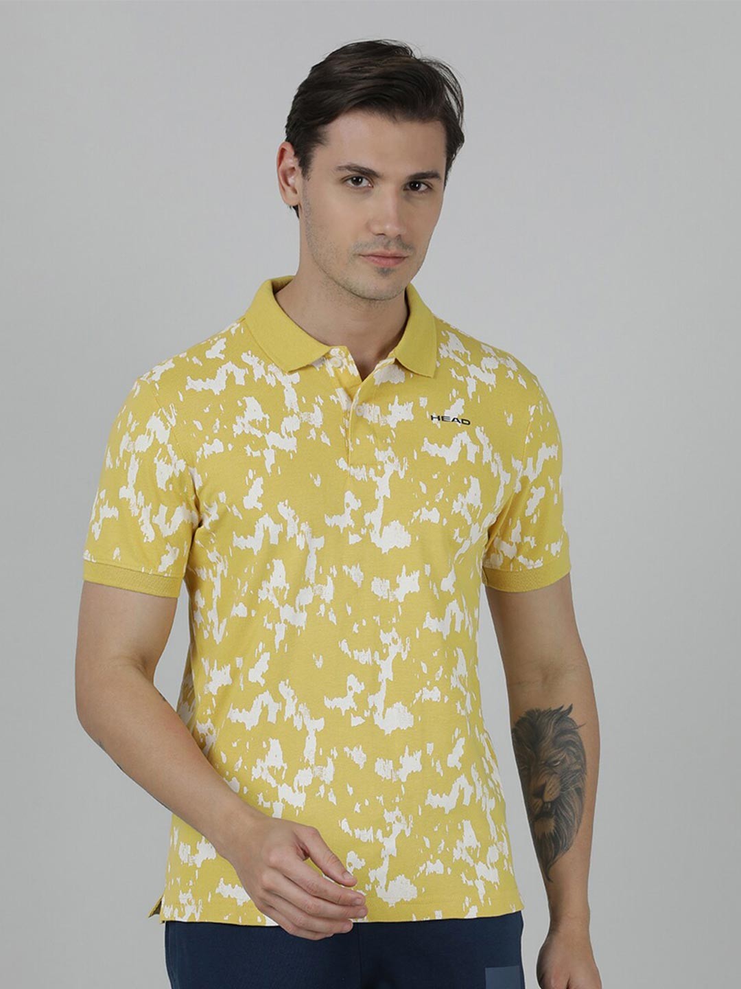 

Head Polo Collar Abstract Printed Slim Fit Training or Gym T-shirt, Yellow