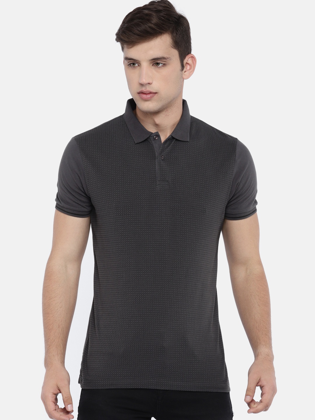 

Arrow New York Men Charcoal Grey Printed Polo Pure Cotton T-shirt