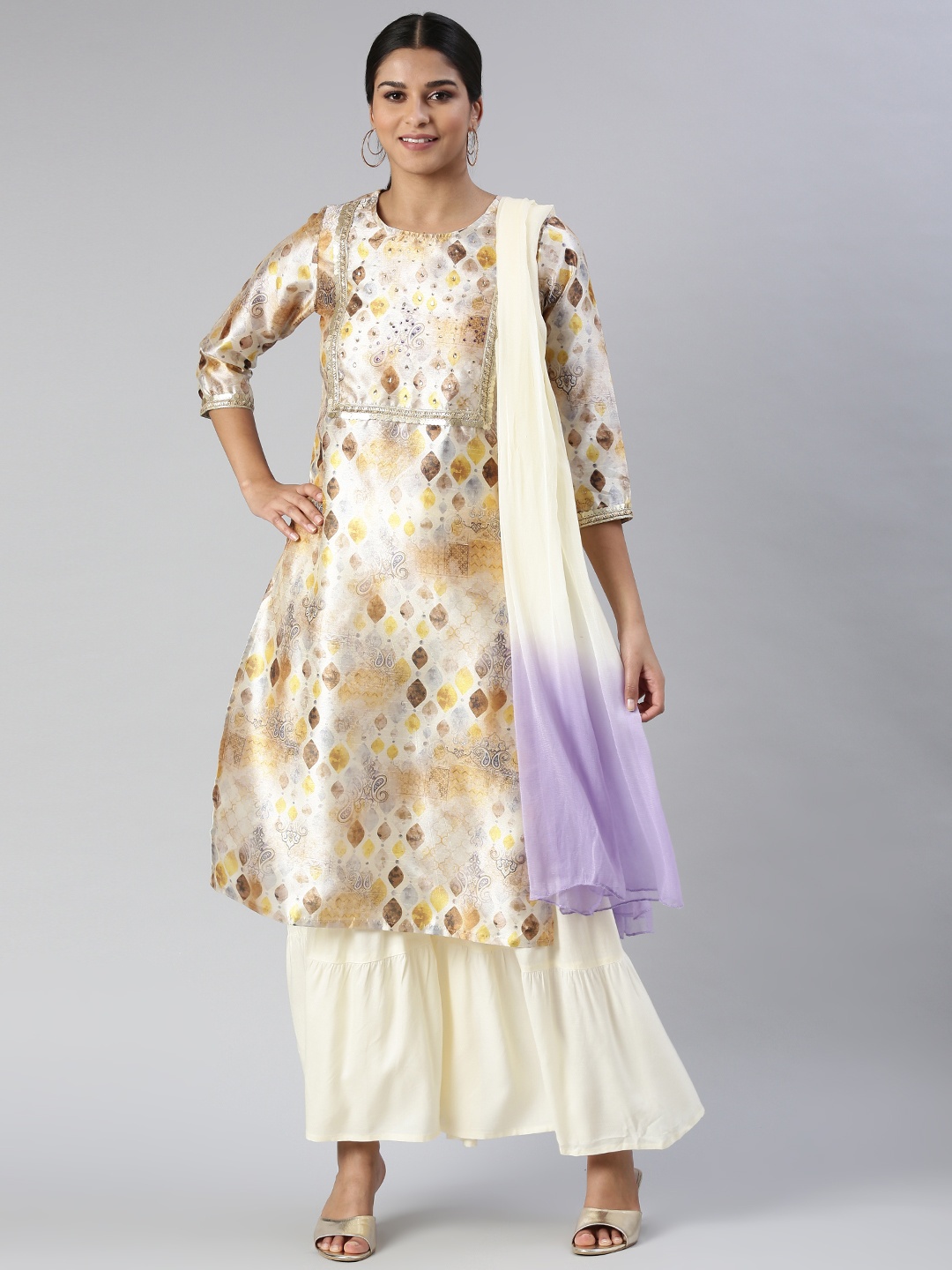 

JAIPUR PRIME Paisley Yoke Design Beads & Stones Kurta With Sharara & Dupatta, Cream