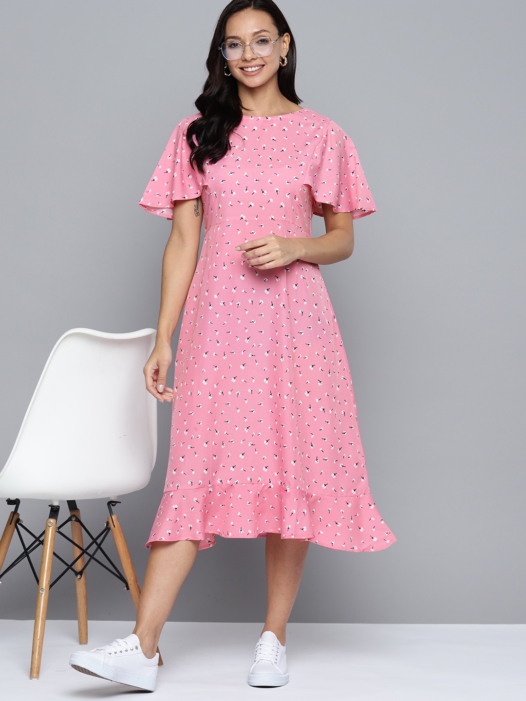 

Mast & Harbour Floral Print Flared Sleeve Crepe A-Line Midi Dress, Pink