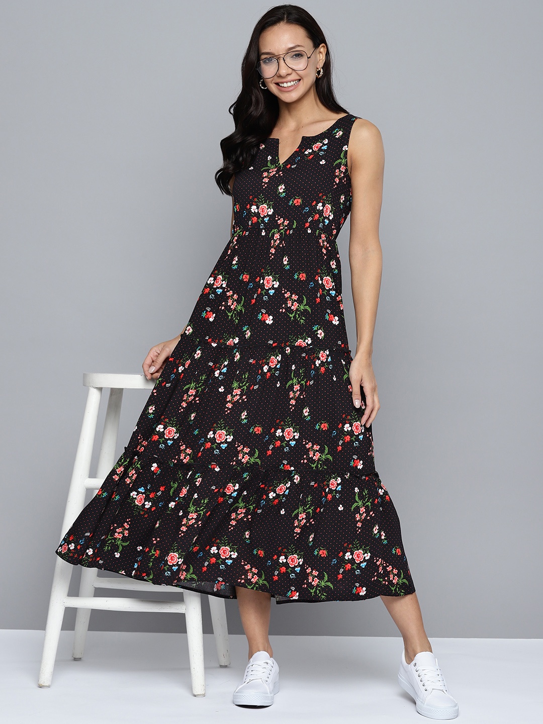 

Mast & Harbour Floral Print Fit & Flare Midi Dress, Black