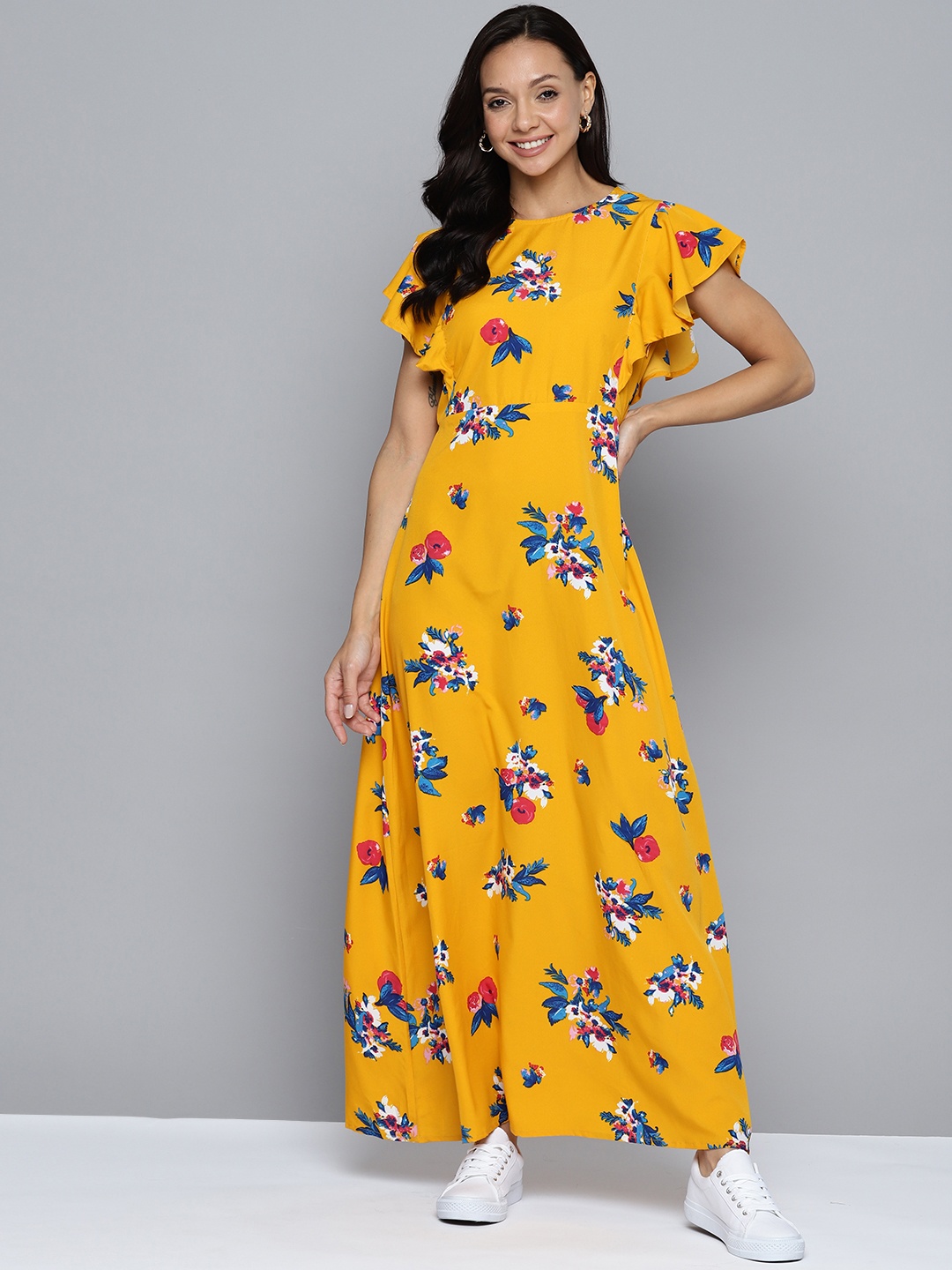 

Mast & Harbour Floral Print Flared Sleeve Crepe A-Line Maxi Dress, Yellow