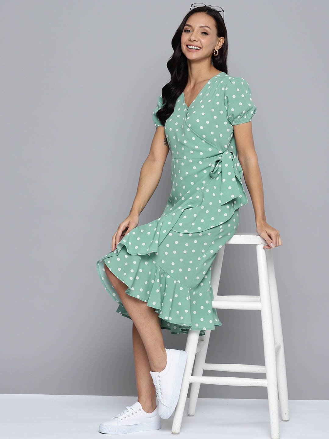 

Mast & Harbour Polka Dot Print Puff Sleeve Crepe Wrap Dress, Green