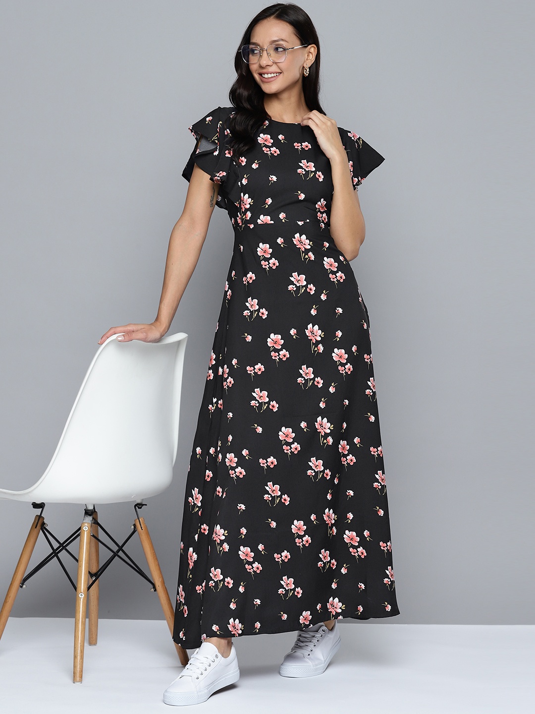 

Mast & Harbour Floral Print Flutter Sleeves Crepe Fit & Flare Maxi Dress, Black