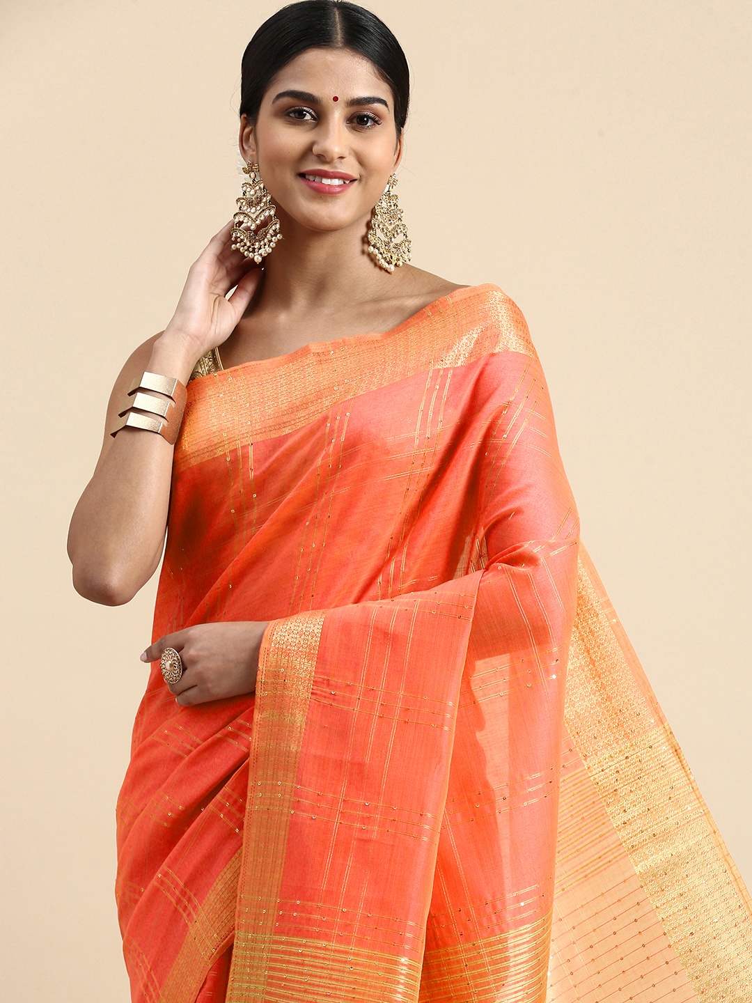 

Kaizen TEXO FAB Striped Sequinned Zari Linen Blend Saree, Pink