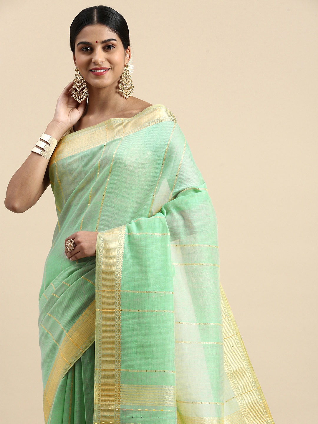 

Kaizen TEXO FAB Striped Sequinned Zari Linen Blend Saree, Sea green