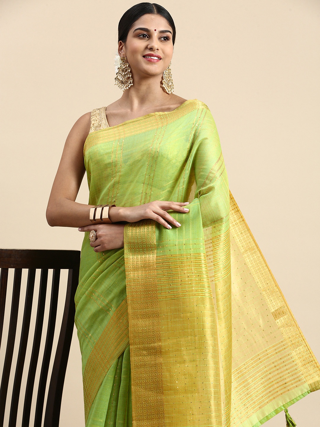 

Kaizen TEXO FAB Striped Sequinned Zari Linen Blend Saree, Green