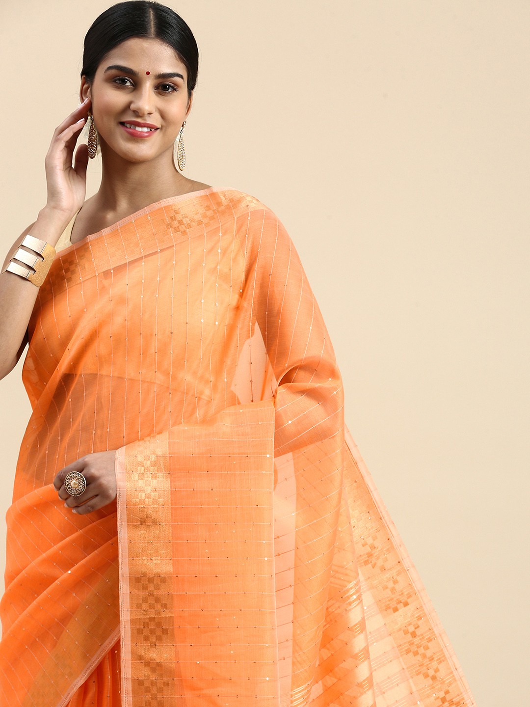 

Kaizen TEXO FAB Striped Sequinned Zari Organza Saree, Orange