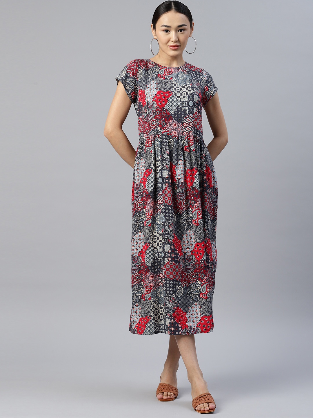 

Popnetic Women Ethnic Motifs Printed A-Line Midi Dress, Navy blue
