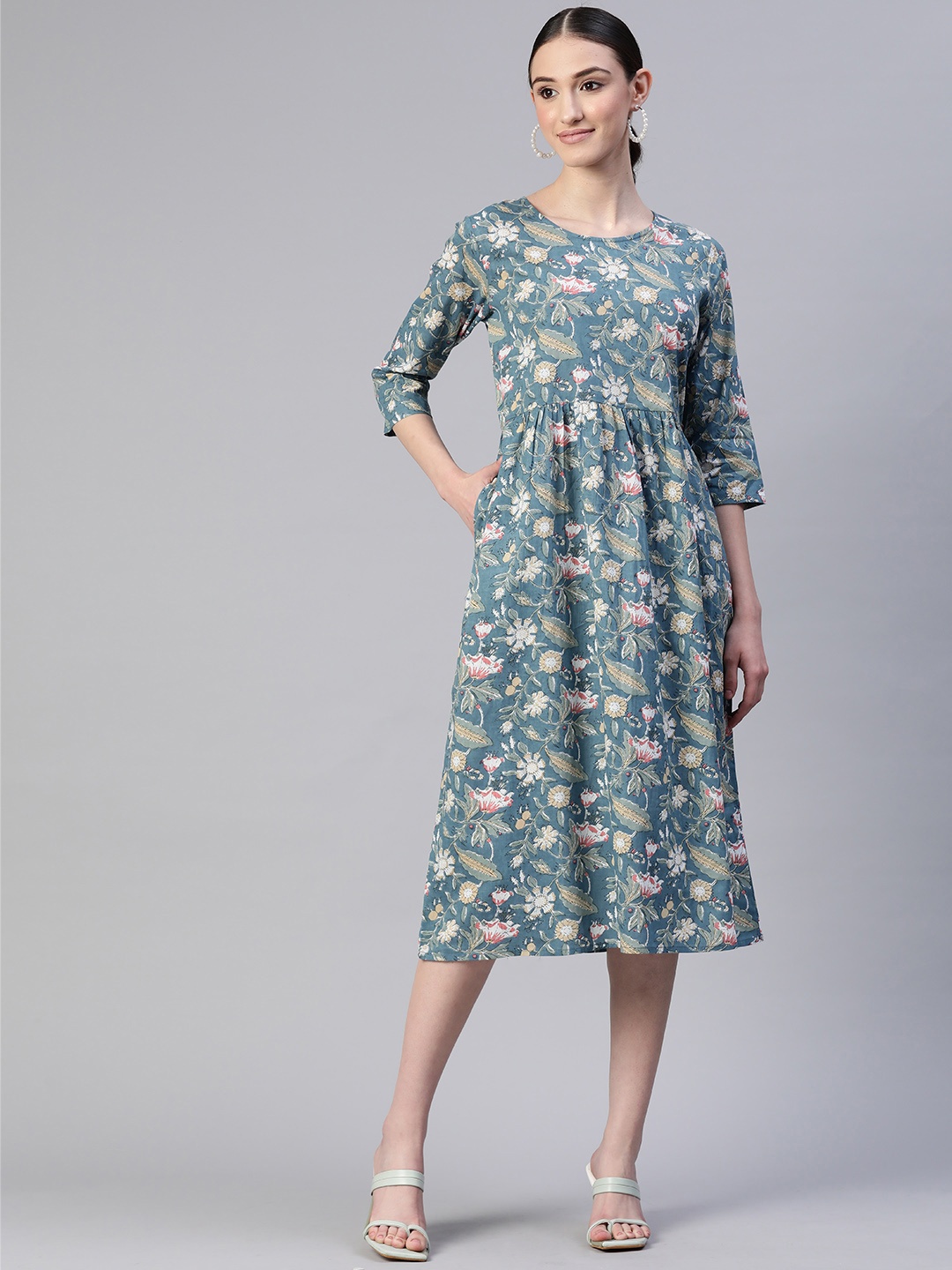 

Popnetic Floral Cotton A-Line Midi Dress, Blue