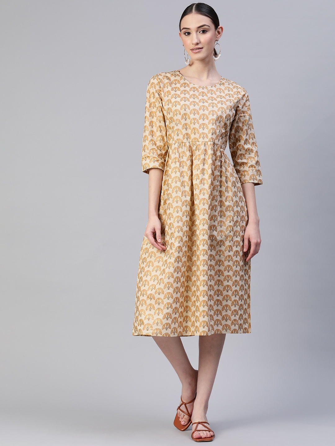 

Popnetic Ethnic Motifs Cotton A-Line Midi Dress, Beige