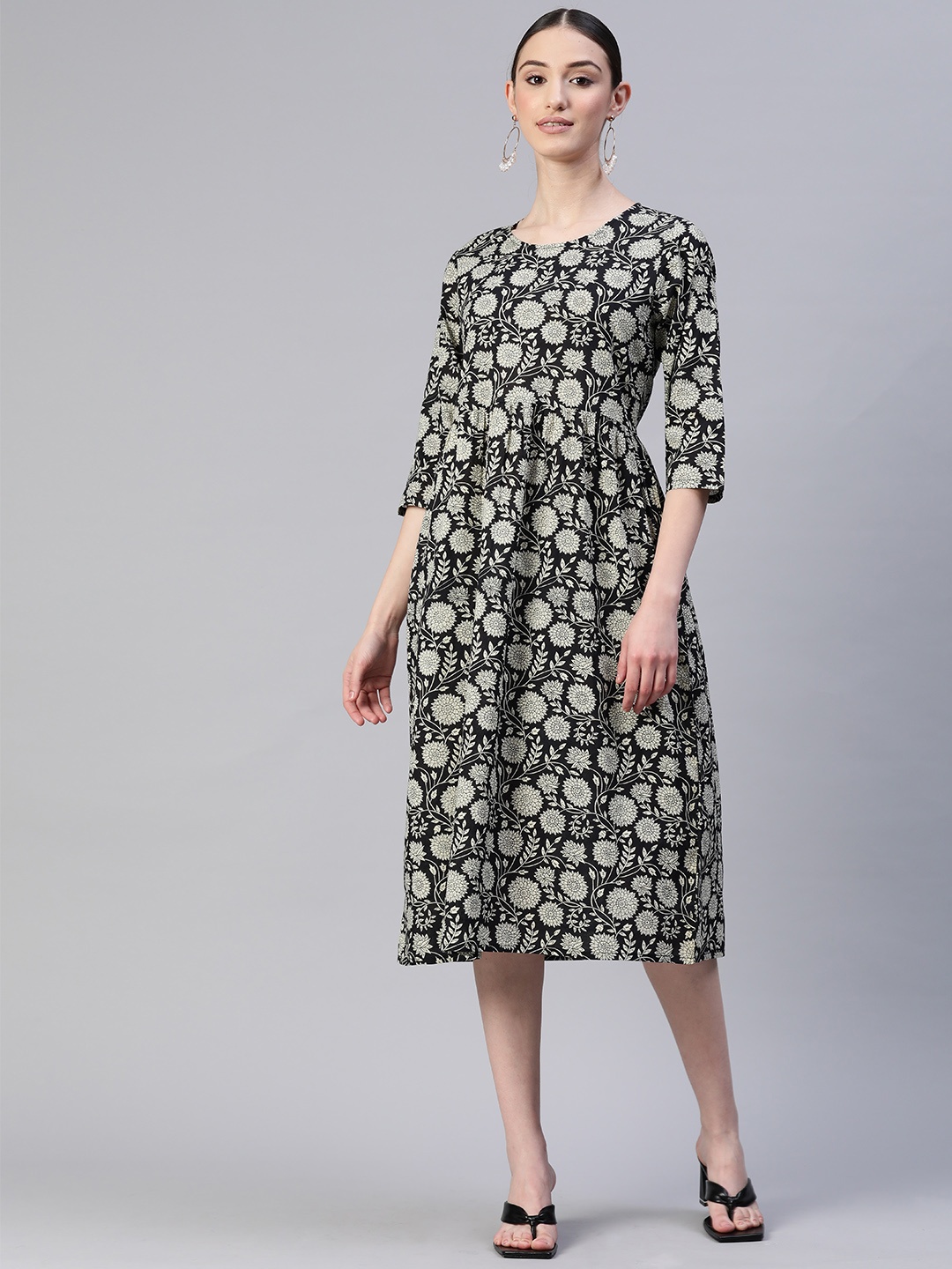 

Popnetic Floral Printed Cotton A-Line Dress, Black