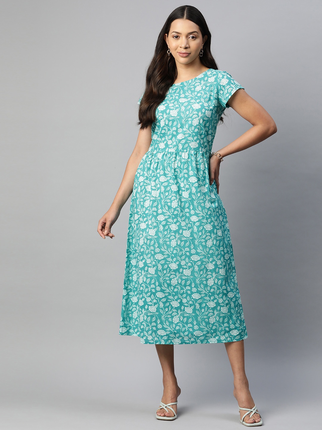 

Popnetic Floral Printed Cotton A-Line Dress, Turquoise blue