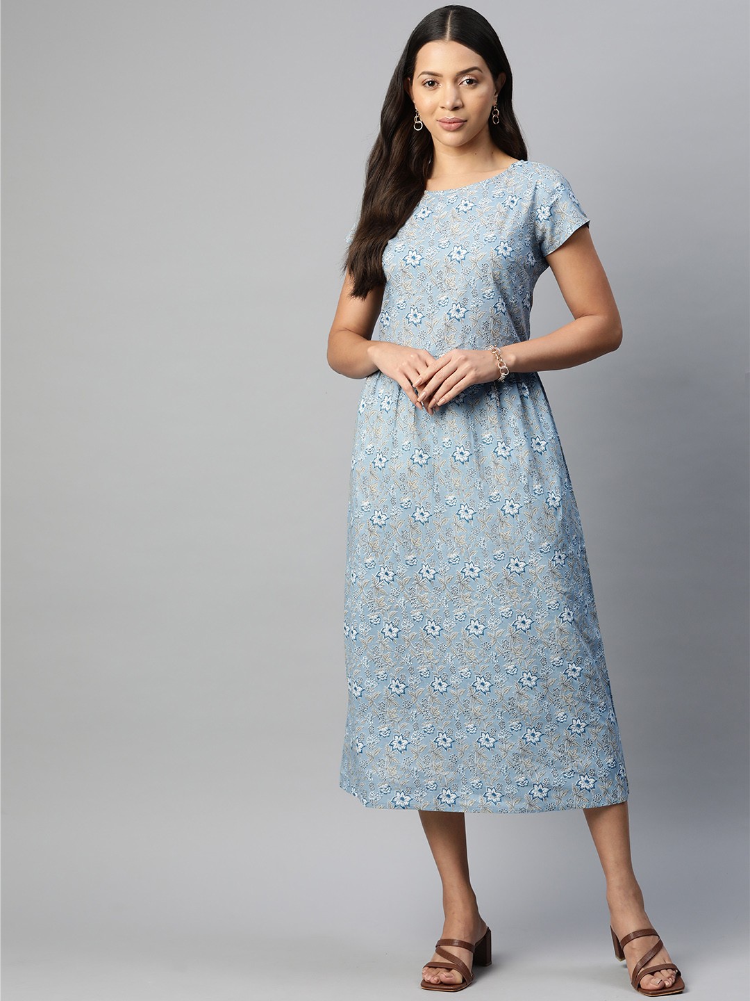 

Popnetic Floral Printed Cotton A-Line Dress, Turquoise blue