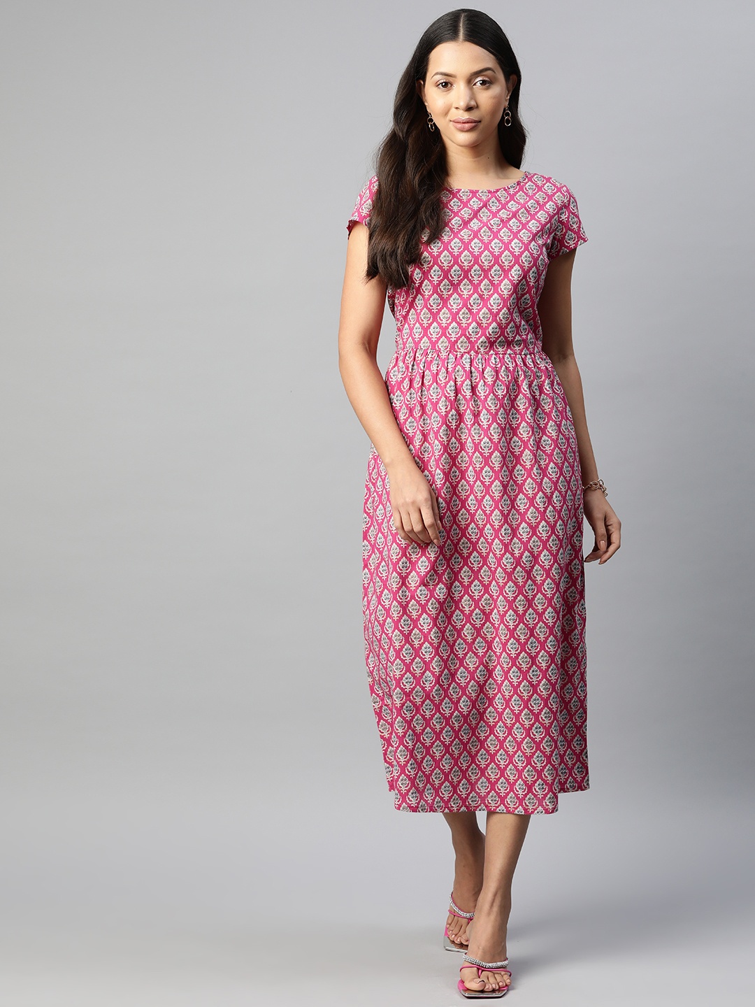 

Popnetic Ethnic Motifs Printed Cotton A-Line Dress, Pink