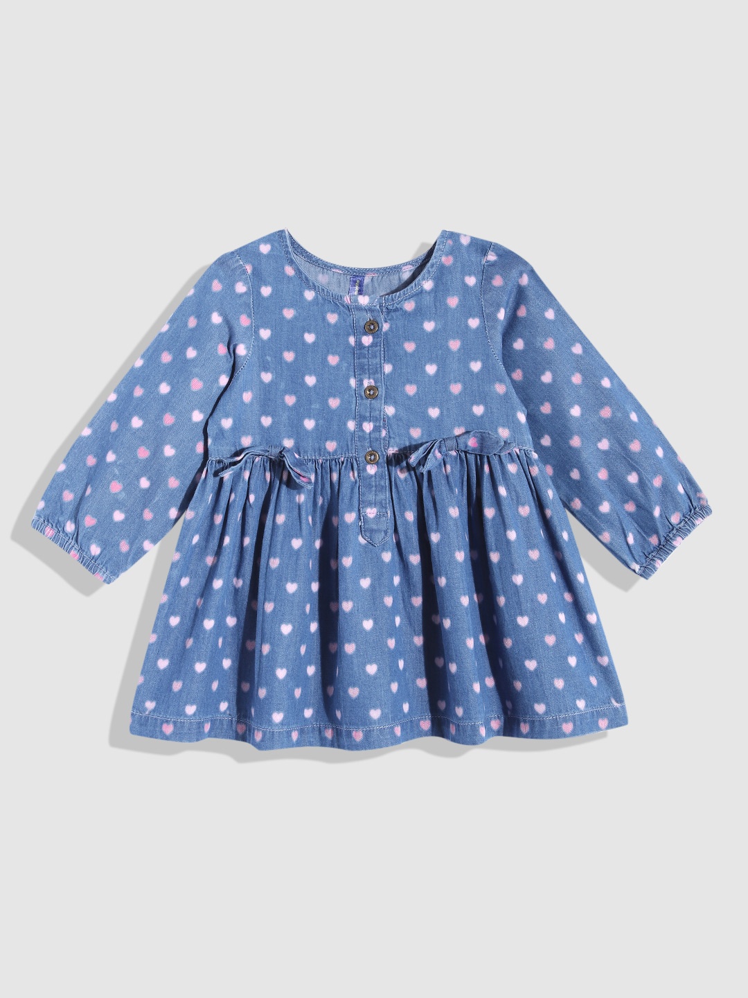 

YK Girls Conversational Print Puff Sleeves Denim Fit & Flare Dress, Blue